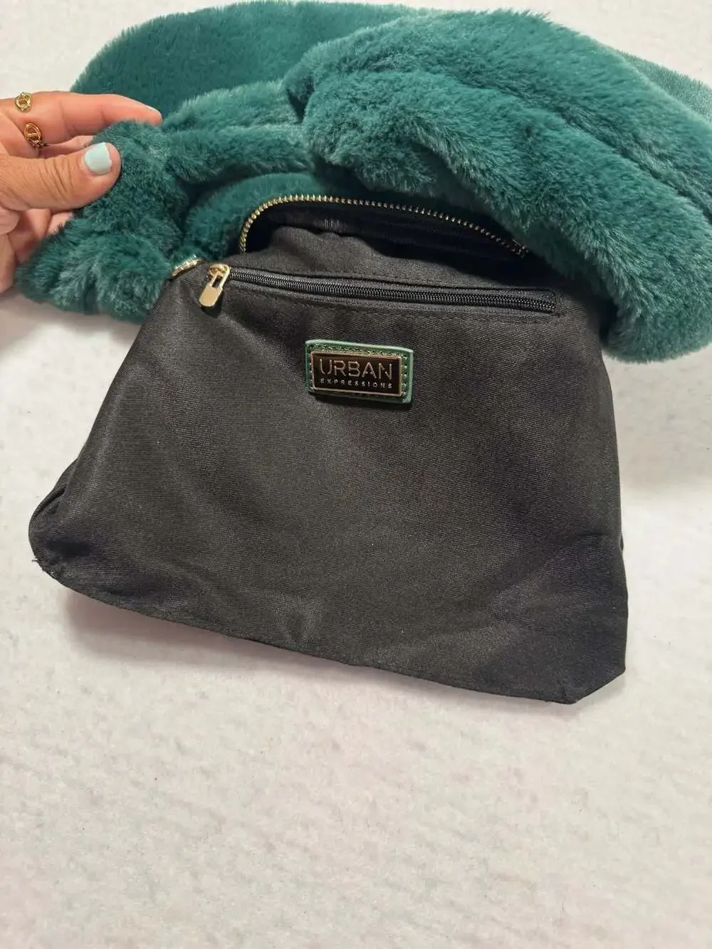 Urban Expressions Teal Green Faux Fur Knot Handle Hobo Bag